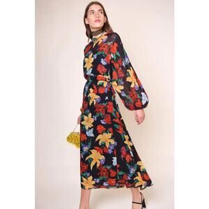 RIXO Black Floral Midi Dress with Yellow & Red Blooms